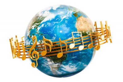 Tableau  Globe terrestre avec notes de musique, rendu 3D