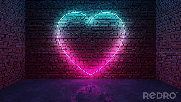 Tableau  Glowing neon heart shaped like icon on brick wall in dark room