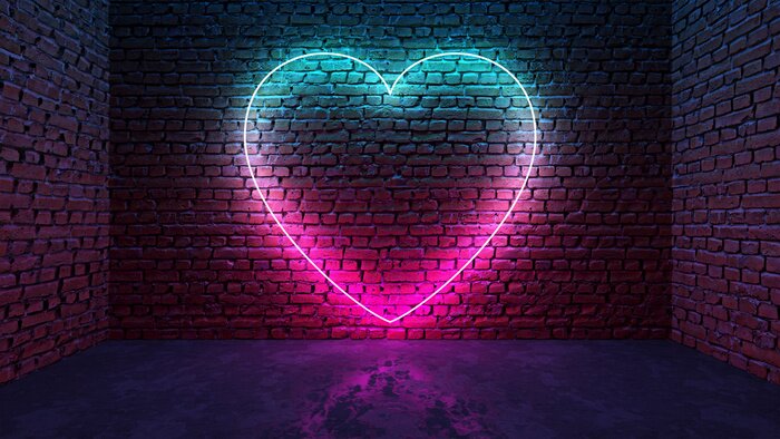 Tableau  Glowing neon heart shaped like icon on brick wall in dark room