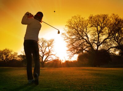 Tableau  golfeur jeu course dans le soleil couchant