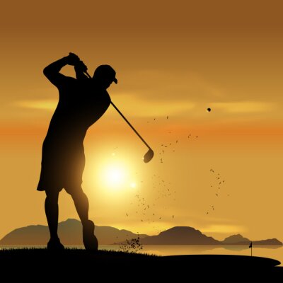 Tableau  Golfeur silhouette au coucher du soleil