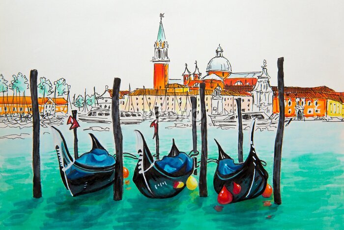 Tableau  Gondoles amarrés par la place de San Marco avec l'église de San Giorgio di Maggiore dans le fond dans le lagon de Venise, Italie. Marqueurs faits à l'image