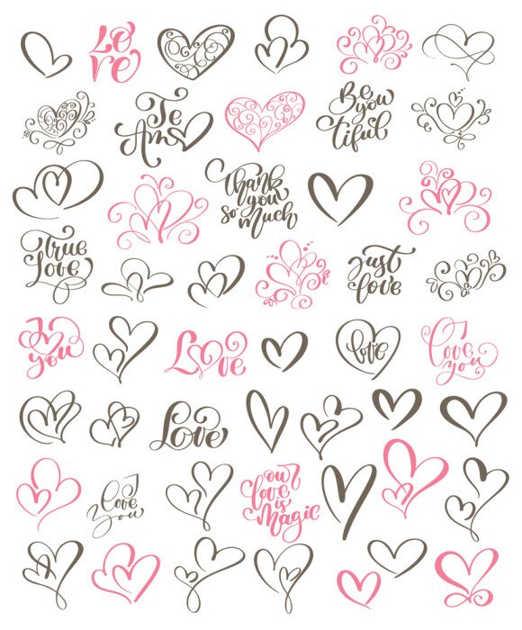 Tableau  Grand jeu écrit à la main lettrage sur l'amour à Saint Valentin et affiche de conception de coeur, carte de voeux, album photo, bannière, s'épanouir collection d'illustration vectorielle de calligraph