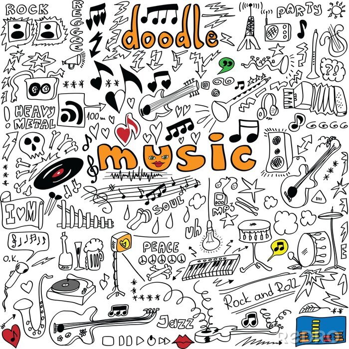 Tableau  grands ensemble doodle symboles de musique isolé sur fond blanc