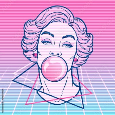 Graphique pop art d'une femme avec un chewing-gum