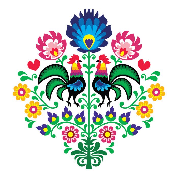 Tableau  Graphismes de style folklorique avec des coqs et des fleurs