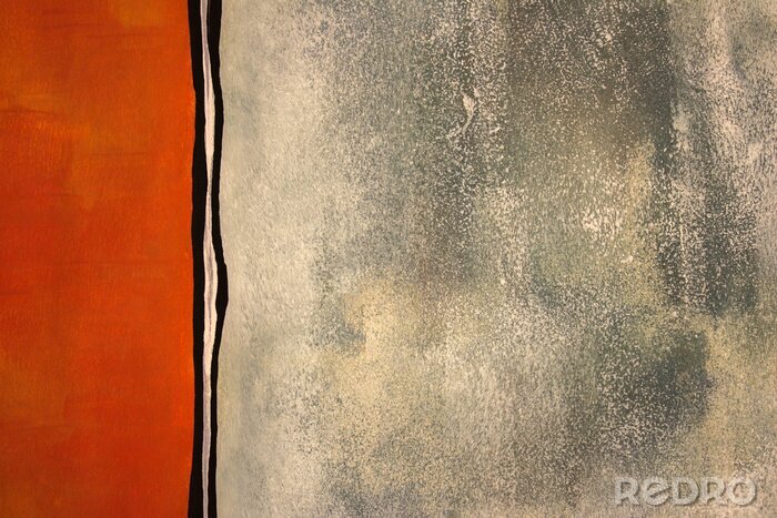 Tableau  Gros plan d'une peinture abstraite simple et peinte à la main. Fond texturé orange et vert contemporain. Photographier.