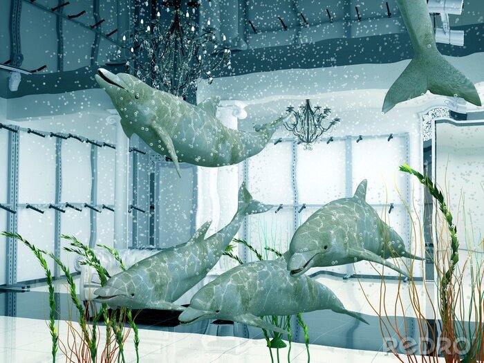 Tableau  groupe de dauphins dans l'intérieur moderne de la boutique (3D)