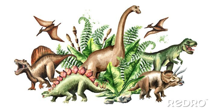 Tableau  Groupe de dinosaures et plantes version aquarelle