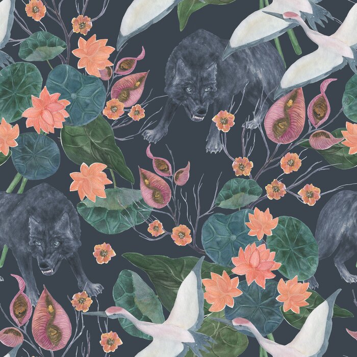 Tableau  Grues et plantes rétro