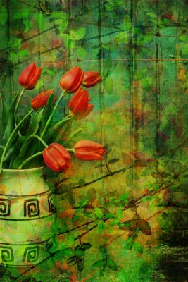 Tableau  Grunge, fond de printemps avec les tulipes rouges