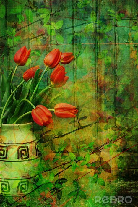 Tableau  Grunge, fond de printemps avec les tulipes rouges