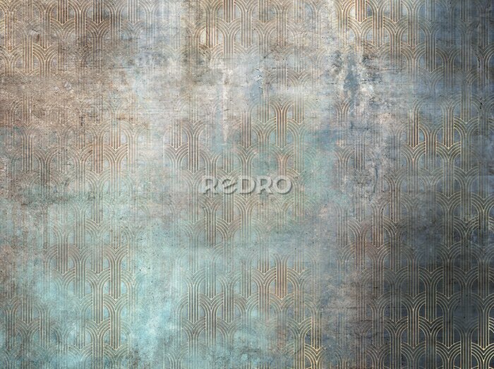 Tableau  Grunge photo wallpaper with golden abstract elements on concrete background. Illustration for wallpaper, fresco, mural.