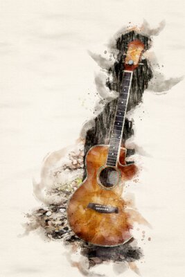 Tableau  guitar leaning on tree in watercolors
