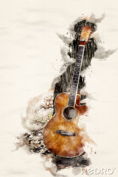 Tableau  guitar leaning on tree in watercolors