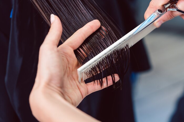 Tableau  Hairdresser cutting and styling hair of woman in her shop