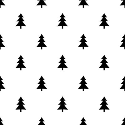 Tableau  Hand drawing Christmas tree seamless pattern in minimalism black and white style. Packaging and decoration.