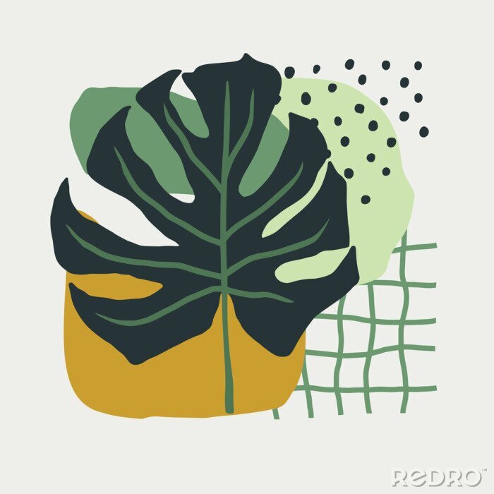 Tableau  Hand Drawn collage of simple shapes and leaves monstera in Scandinavian style in green colors. vector illustration