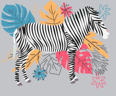 Tableau  Hand drawn colorful zebra with flowers, Monstera, a bouquet. Zebra - word with cute design. Scandinavian style design.