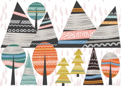 Tableau  Hand drawn forest objects set. Creative scandinavian woodland background with trees and mountains.