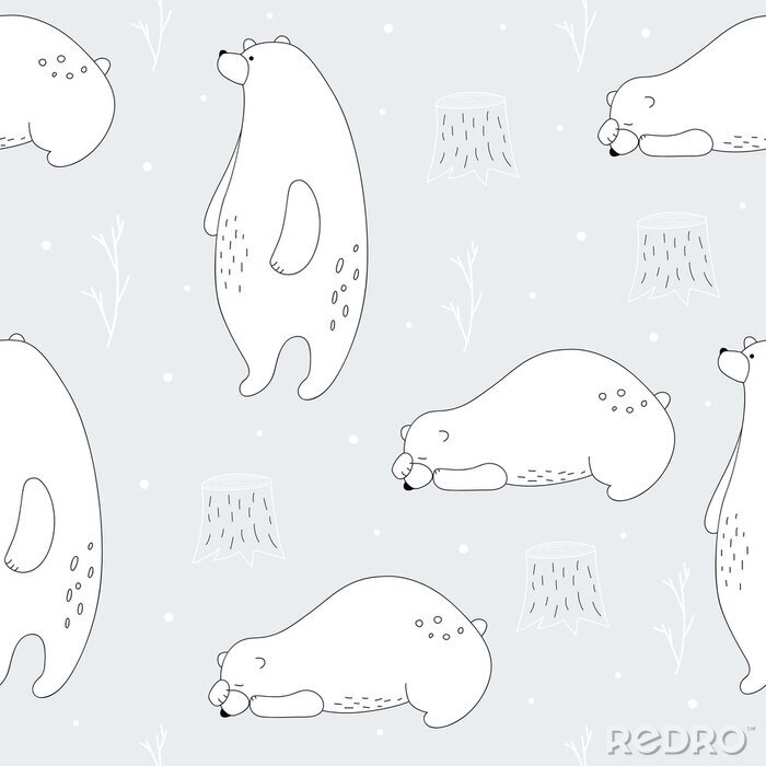Tableau  Hand drawn polar bear winter print. Scandinavian print with cute bear. Seamless pattern with a bear