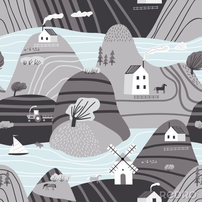 Tableau  Hand drawn vector abstract scandinavian graphic illustration seamless pattern with house,trees and mountains. Nordic nature landscape concept. Perfect for kids fabric, textile, nursery wallpaper.