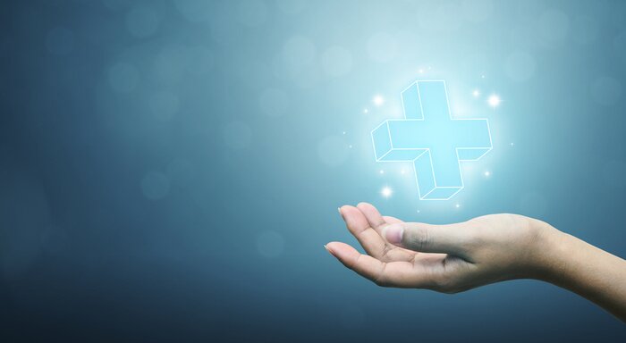 Tableau  Hand holding plus sign virtual means to offer positive thing (like benefits, personal development, social network, health insurance) with copy space