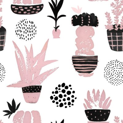 Hand painted botanical illustration with watercolor, grunge textures, doodles, pink flowers cactus for home art design in minimal nordic style