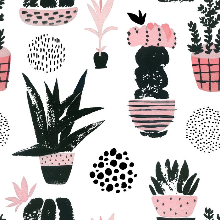 Tableau  Hand painted botanical illustration with watercolor, grunge textures, doodles, pink flowers cactus for home art design in minimal nordic style