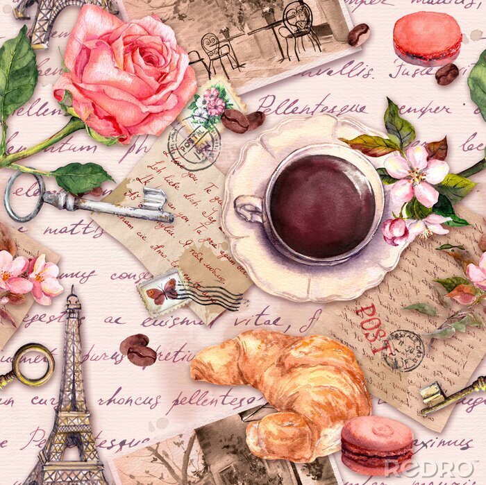 Tableau  Hand written letters, Eiffel Tower, coffee or tea cup, macaroon cakes, rose flowers, stamps and keys. Vintage seamless pattern