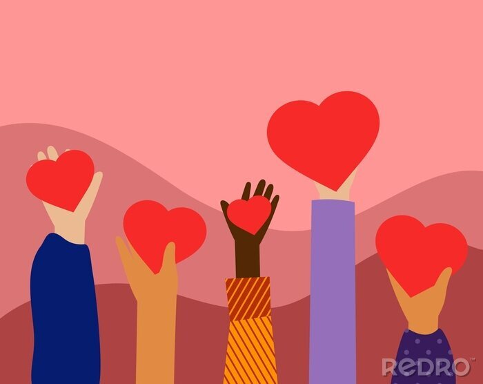 Tableau  Hands hold hearts. Charity concept. Flat trendy design. Simple illustration.