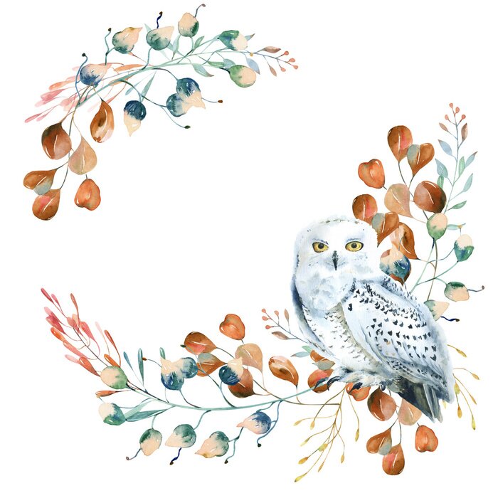 Tableau  Harfang des neiges sur une branche version aquarelle