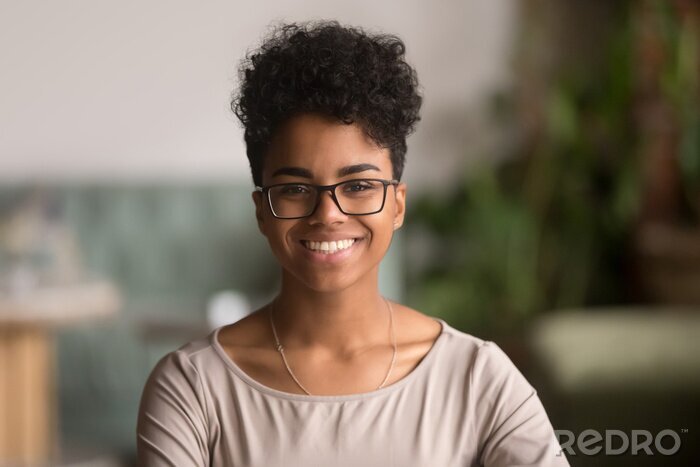 Tableau  Headshot portrait of happy mixed race african girl wearing glasses