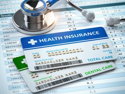Tableau  Health Insurance cards total and dental care with stethscope.