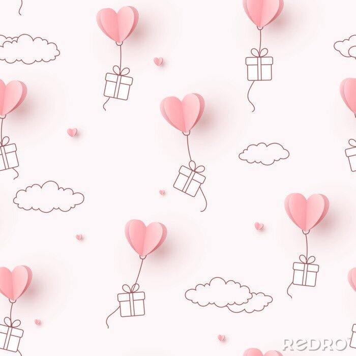 Tableau  Hearts balloons with gift box flying on pink sky background. Vector love seamless pattern for Happy Mother's or Valentine's Day greeting card design..