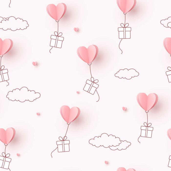 Tableau  Hearts balloons with gift box flying on pink sky background. Vector love seamless pattern for Happy Mother's or Valentine's Day greeting card design..
