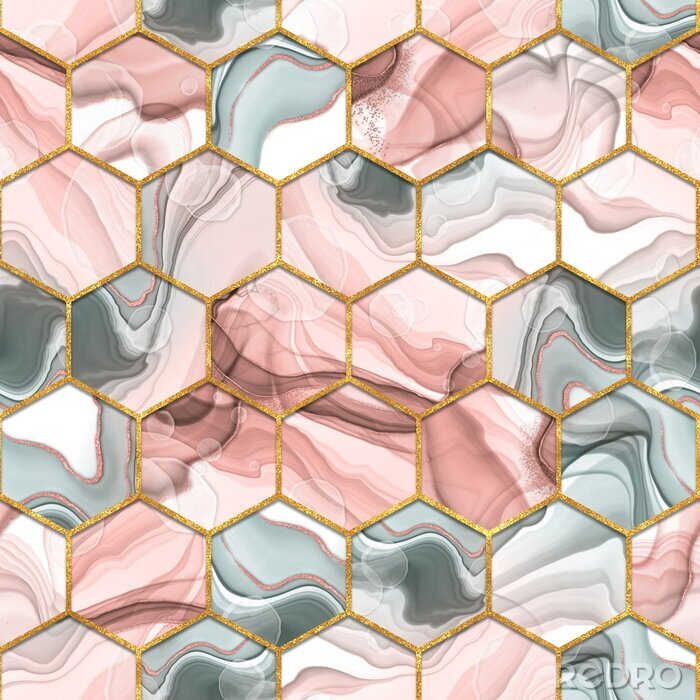 Tableau  Hexagon seamless texture. Abstract gray and red trendy background