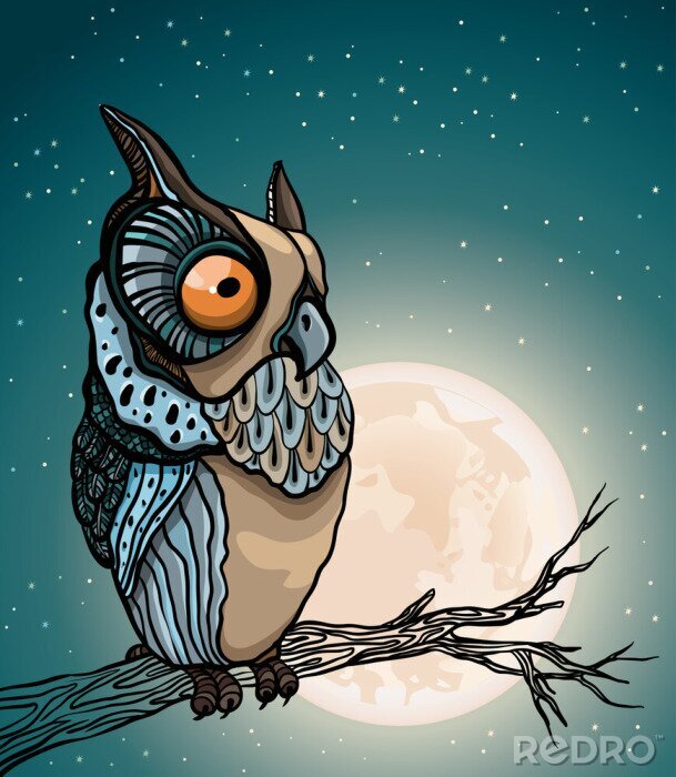 Tableau  Hibou coloré sur le fond de la lune
