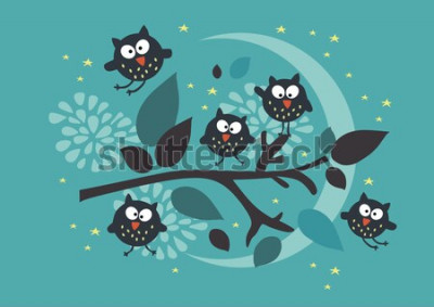 Tableau  Hiboux de conte de fées assis sur une branche