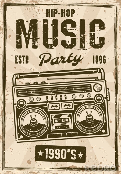 Tableau  Hip-hop music party vintage poster with boombox