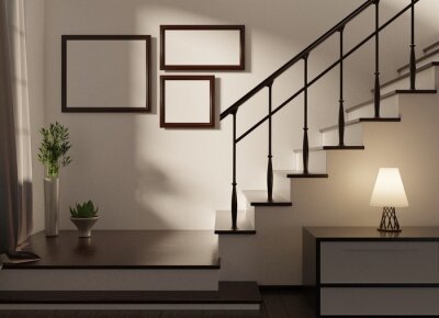 Tableau  Home interior in a Scandinavian style with empty frames on a wall. Stairs to a second floor. Lamp on a table and sun shadows. 3D rendering.