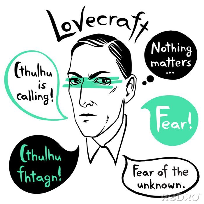 Tableau  Howard Phillips Lovecraft portrait avec des bulles et citations de célèbres écrivains, citations. Horreur fiction livre encre dessinée illustration vectorielle avec lettrage Fear! Cthulhu appelle.