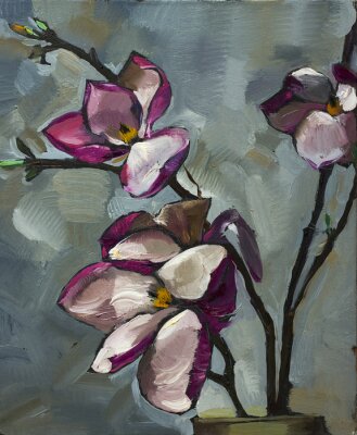 Tableau  Huile, peinture, encore, vie, pourpre, magnolia, fleurs, toile, texture, grayscale