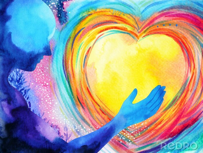 Tableau  human and love spirit powerful energy connect to the universe power abstract art watercolor painting illustration design hand drawn