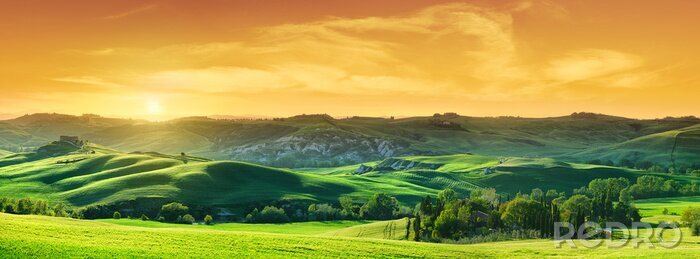 Tableau  Idyllic view, green Tuscan hills in light of the setting sun