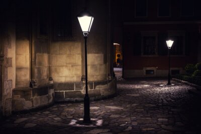 Tableau  illuminated street at night. Old european city