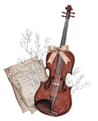 Tableau  Illustration aquarelle de violon. Instruments de musique à cordes de style classique