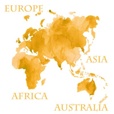 Illustration aquarelle des parties de la carte du monde comme l'Europe, l'Asie, l'Afrique et l'Australie peints à l'encre d'or sépia