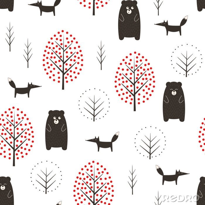Tableau  Illustration de nature simple style scandinave. Forêt mignonne avec des animaux de conception pour le textile, papier peint, tissu.