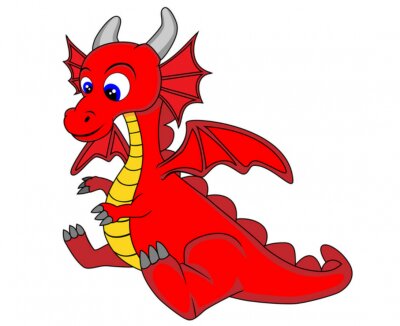 Illustration enfantine de dragon à cornes rouges assis